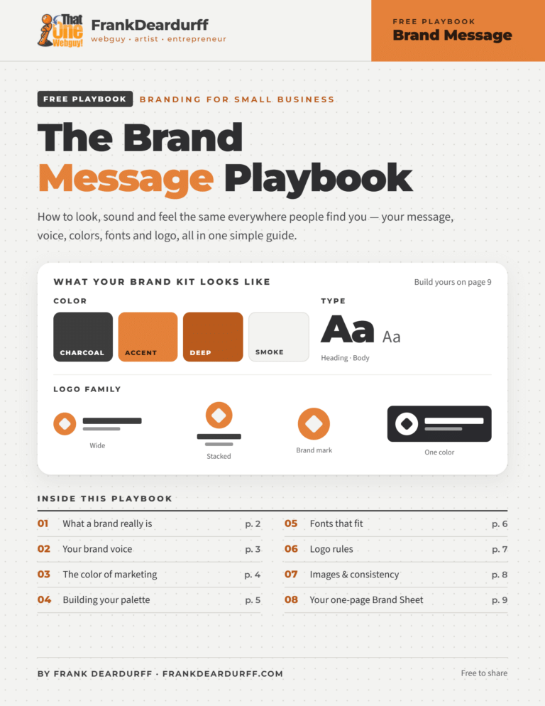 Cover of The Brand Message Playbook, a free small business branding guide by Frank Deardurff