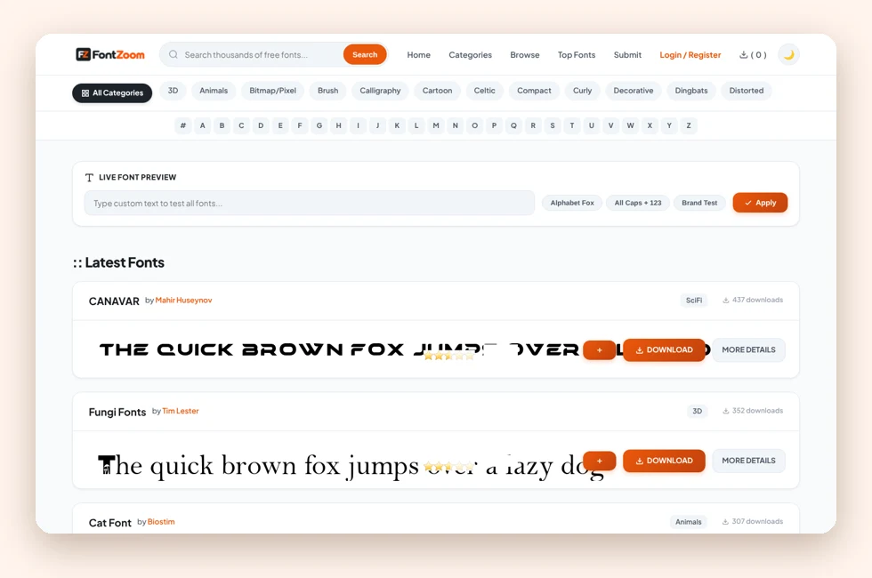 Font Zoom free font library with live font preview